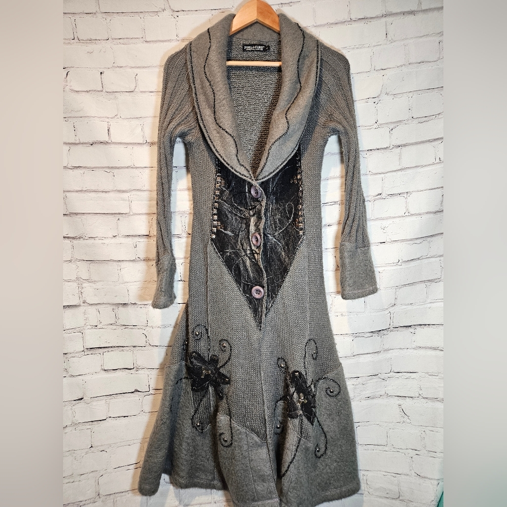Forla Paris Unique Wool Waterfall Duster Buttoned Embroidered Boho Long Size L